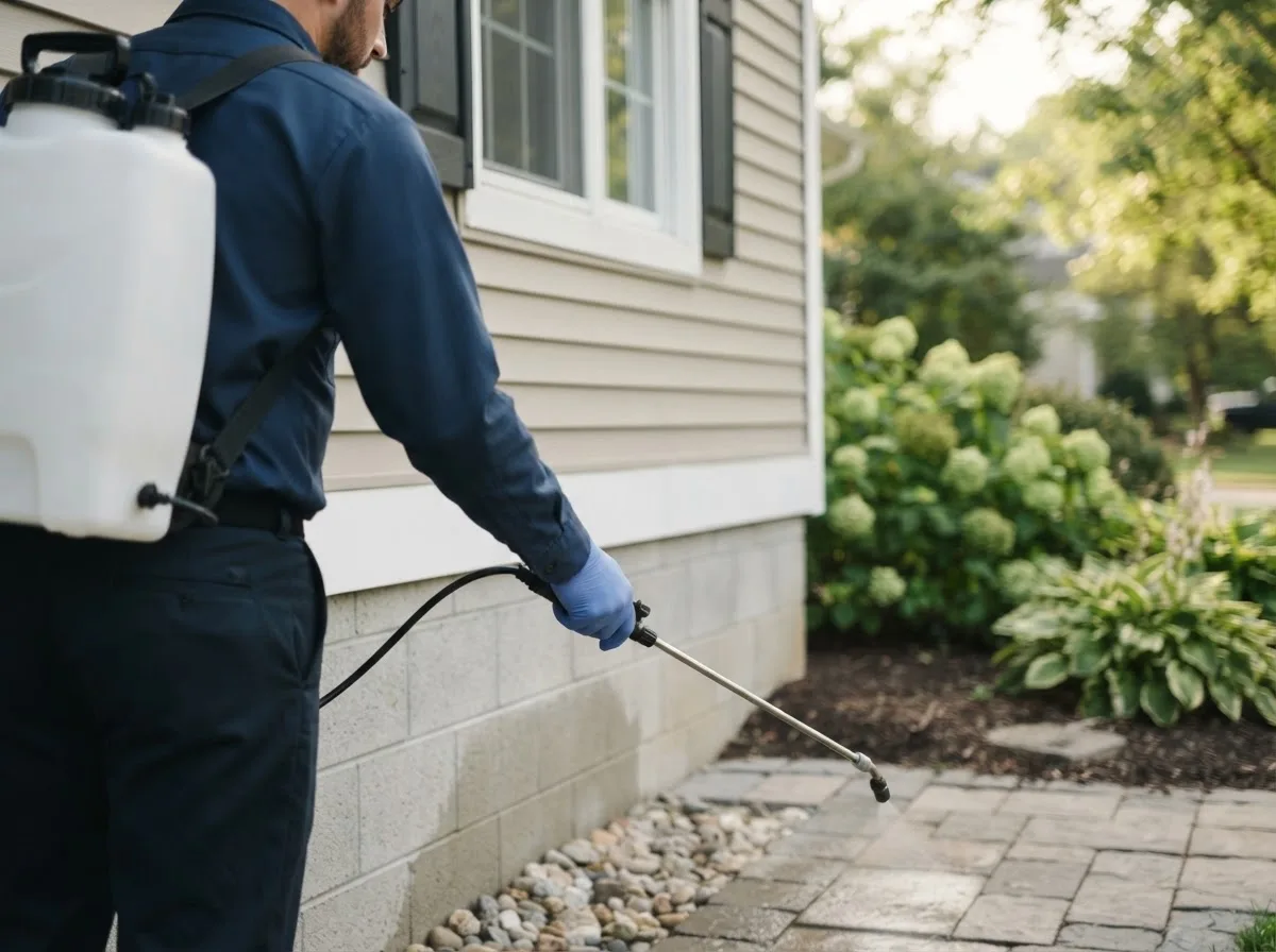 Pest control technician inspecting a home in Channing, MI